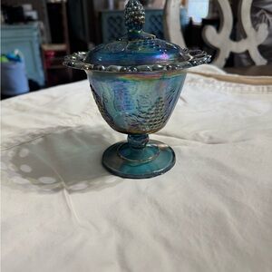 Blue Iridescent Glass Art Compote with Pedestal
